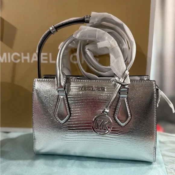 Michael Kors Silver Handbag (No Doll, Just for Pictures) Michael Kors Jet Set XS Carryall Top Zip Tote Bag Purse in  main image 3
